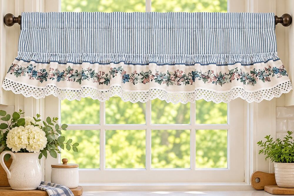 Blue Ticking Stripe Floral Ruffle Valance Lace Trim Cottagecore Farmhouse